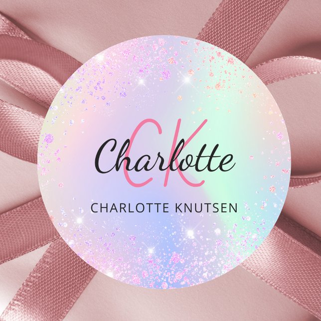 Holographic pink purple monogram name classic round sticker (Creator Uploaded)