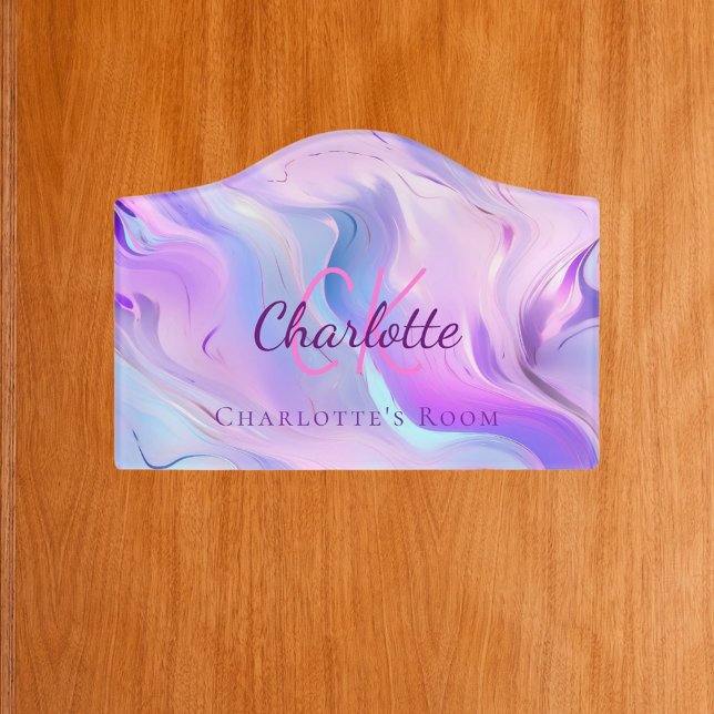 Holographic pink purple monogram name door sign (Creator Uploaded)