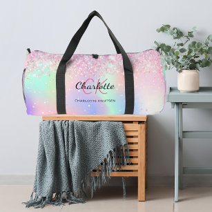 Holographic pink purple monogram name duffle bag