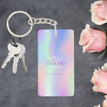 Holographic pink purple monogram name keychain<br><div class="desc">A trendy holographic background with pastel colors in pink,  purple,  mint green. Personalize and add your first name,  monogram initials and full name. Purple and white colored letters.</div>