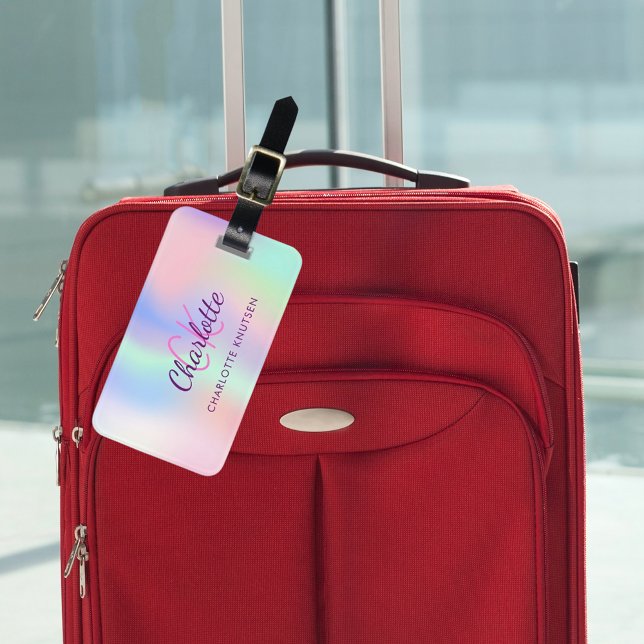 Holographic pink purple monogram name luggage tag (Creator Uploaded)
