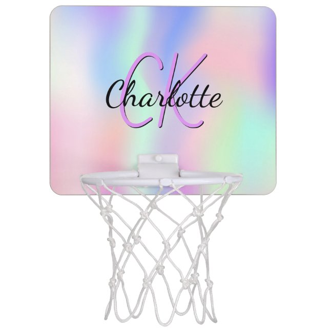 Holographic pink purple monogram name mini basketball hoop (Front)