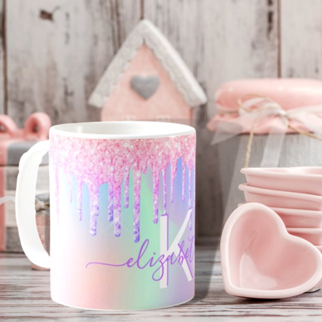 Holographic pink purple name monogram coffee mug (Creator Uploaded)