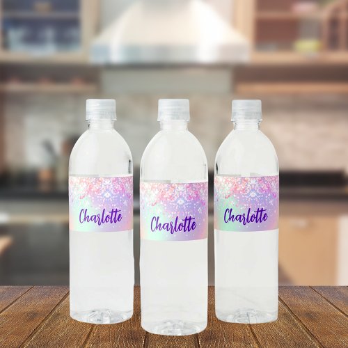 Holographic pink purple name water bottle label