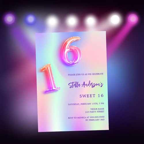 Holographic pink purple neon Sweet 16 Invitation