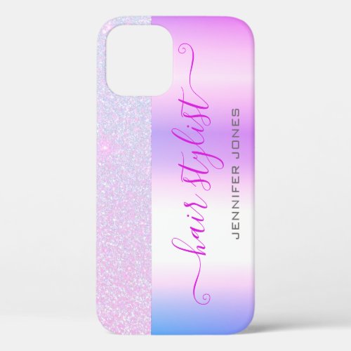 Holographic Pink Purple Ombre Glitter Custom Name iPhone 12 Case
