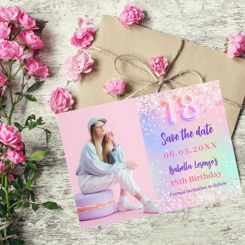 Holographic pink purple photo 18th birthday save the date