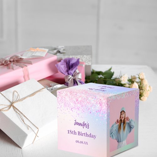 Holographic pink purple photo birthday party favor boxes