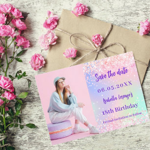 Holographic pink purple photo birthday save the date