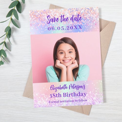 Holographic pink purple photo birthday save the date