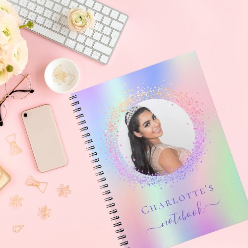Holographic pink purple photo girl school notebook