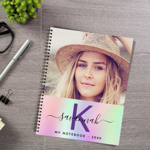 Holographic pink purple photo name script notebook