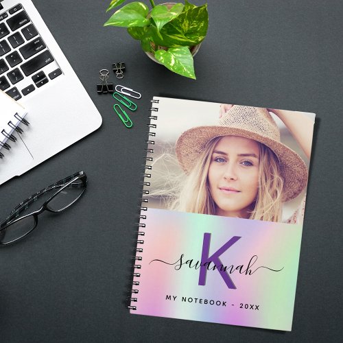 Holographic pink purple photo name script notebook