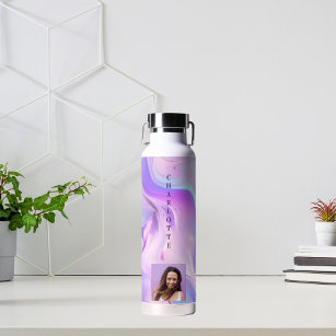 Holographic pink purple photo name water bottle