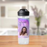 Holographic pink purple photo name water bottle<br><div class="desc">A pink,  purple holographic colored background.  Personalize and add your name and a profile photo. Purple letters.</div>