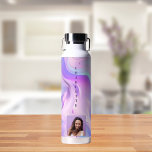 Holographic pink purple photo name water bottle<br><div class="desc">A pink,  purple holographic colored background.  Personalize and add your name and a profile photo. Purple letters.</div>