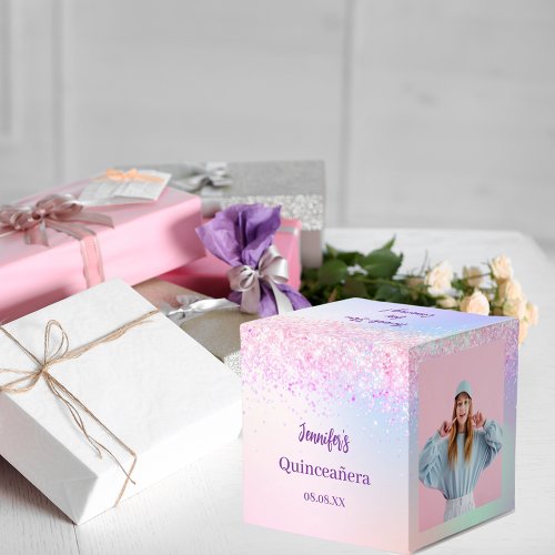 Holographic pink purple photo Quinceanera Favor Boxes