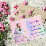 Holographic pink purple photo Quinceanera Save The Date<br><div class="desc">A modern and elegant Save the Date for a Quinceañera. Holographic,  pink,  purple mint green background. Personalize and add a photo,  date and name.</div>