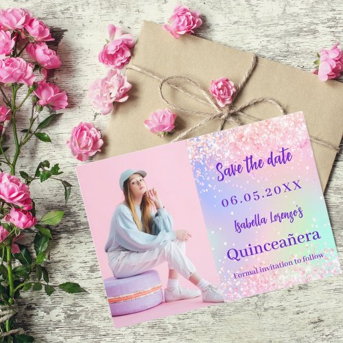 Holographic pink purple photo Quinceanera Save The Date