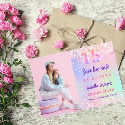 Holographic pink purple photo Quinceanera Save The Date