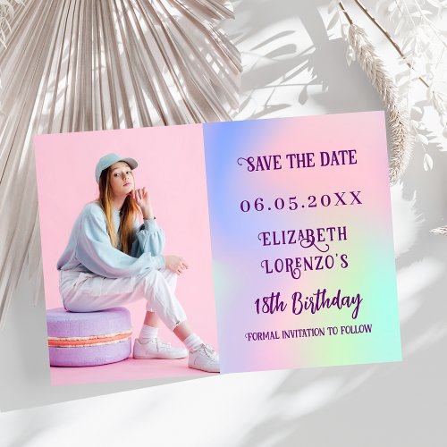 Holographic pink purple photo script birthday save the date