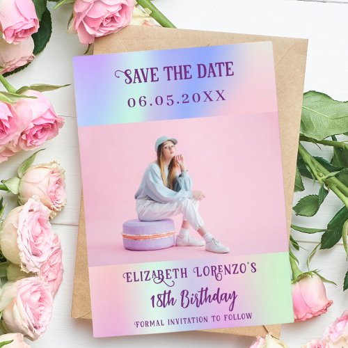 Holographic pink purple photo script birthday save the date