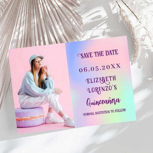Holographic pink purple photo script Quinceanera Save The Date