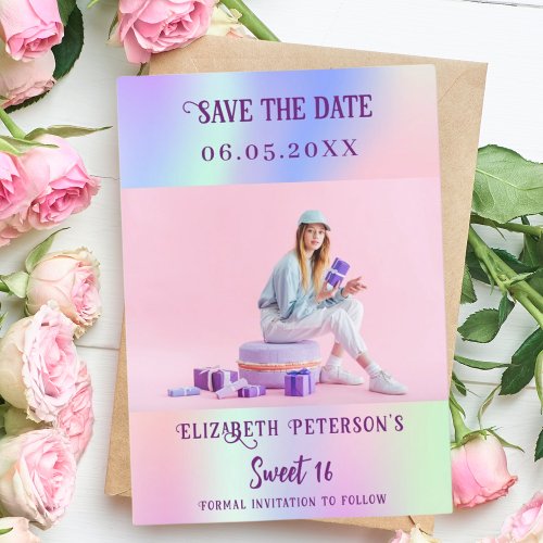 Holographic pink purple photo script Sweet 16 Save The Date