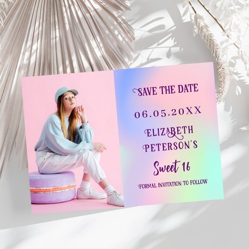 Holographic pink purple photo script Sweet 16 Save The Date
