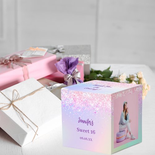 Holographic pink purple photo Sweet 16 Favor Boxes