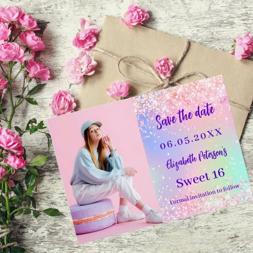 Holographic pink purple photo Sweet 16 Save The Date