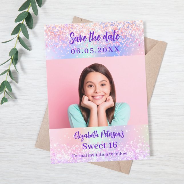 Holographic pink purple photo Sweet 16 Save The Date (Creator Uploaded)