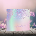 Holographic pink purple sparkles name 3 ring binder<br><div class="desc">A trendy holographic, iridescent background with unicorn colors and rainbow colors in pink, purple, mint green. Decorated with faux sparkles in pink and purple. Personalize and add a name, purple colored letters .Add your text on the spine. Perfect for a home office, school homework, back to school. The name is...</div>