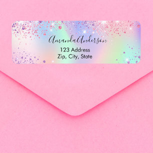 Holographic pink purple sparkles return address label