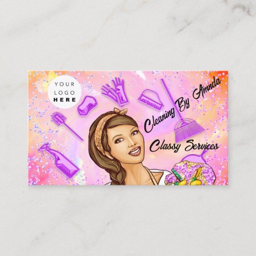 Holographic Pink QR Code Logo Home Maid Cleaning   Business Card