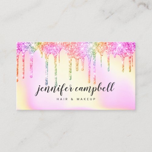 Holographic pink rainbow glitter drips makeup hair business card
