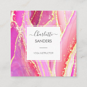 Holographic Pink Watercolor Gold Splatter Square Business Card