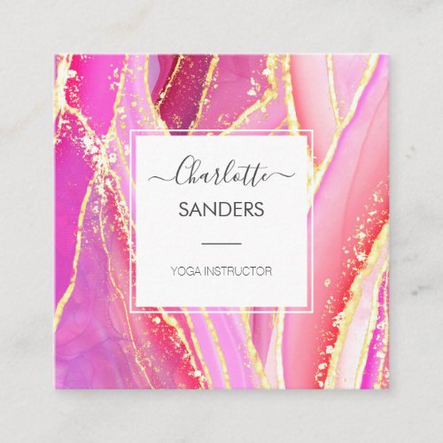 Holographic Pink Watercolor Gold Splatter Square Business Card