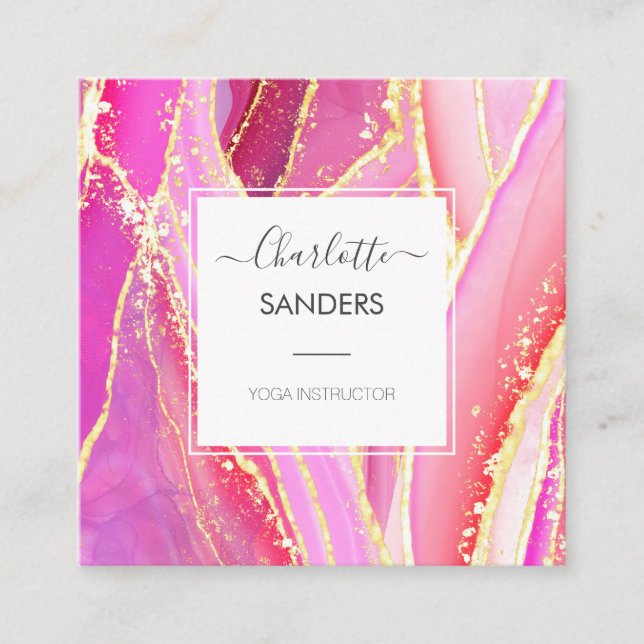 Holographic Pink Watercolor Gold Splatter Square Business Card (Front)