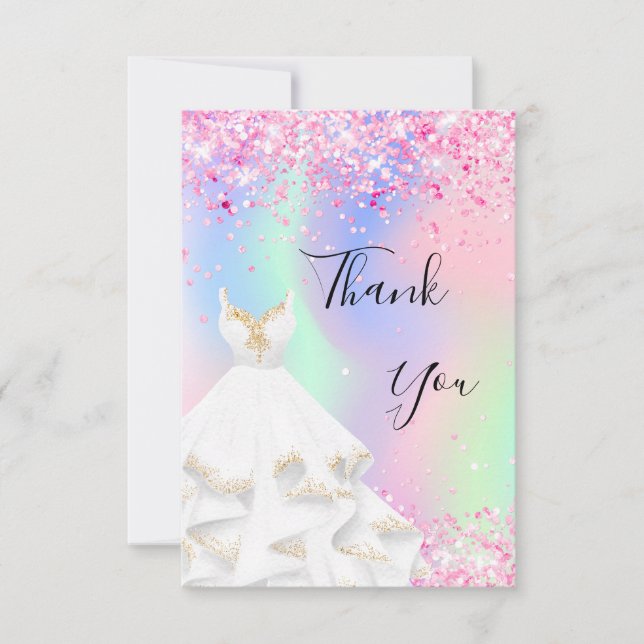 Holographic pink white dress thank you card (Front)