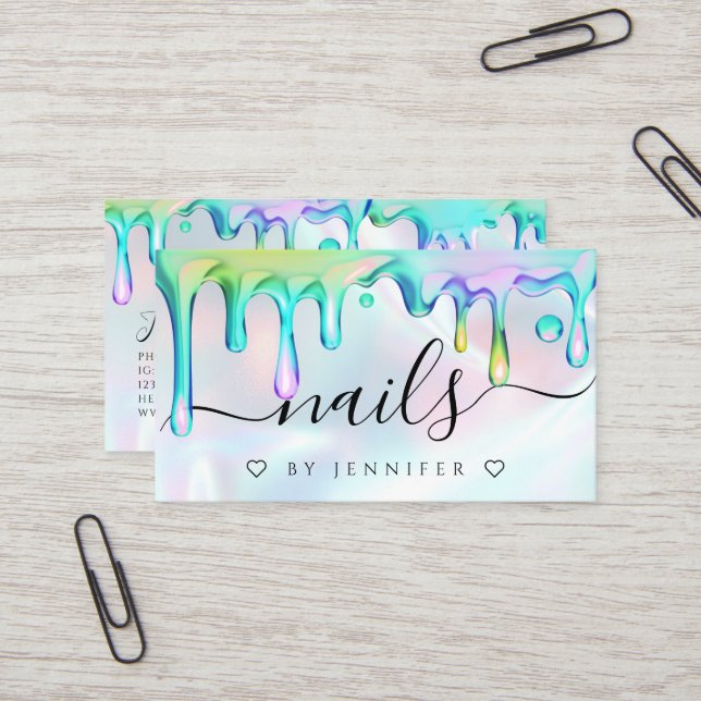 Holographic Polish Drips Nails Artist QR Code Business Card (Front/Back In Situ)