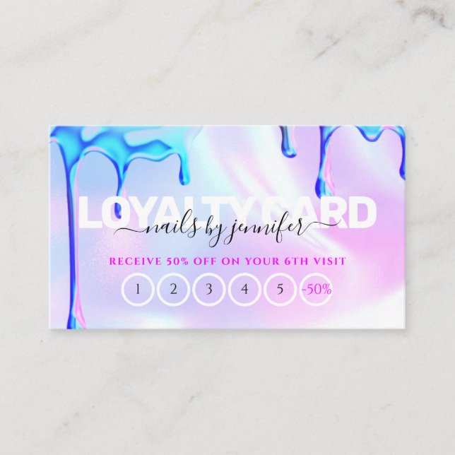 Holographic Polish Drips Nails Beauty Salon Loyalty Card (Front)