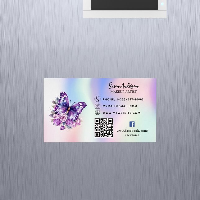 Holographic purple butterfly QR code Facebook Business Card Magnet (Creator Uploaded)