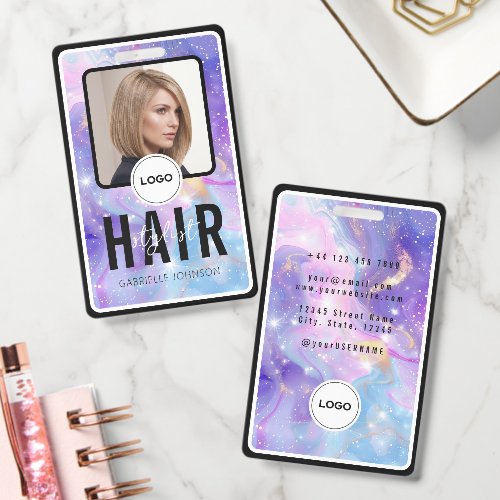 Holographic Purple Galaxy Hair Stylist Photo Logo Badge