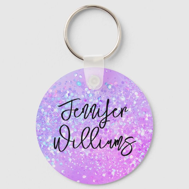 Holographic Purple Glitter Custom Name Script Keychain (Front)
