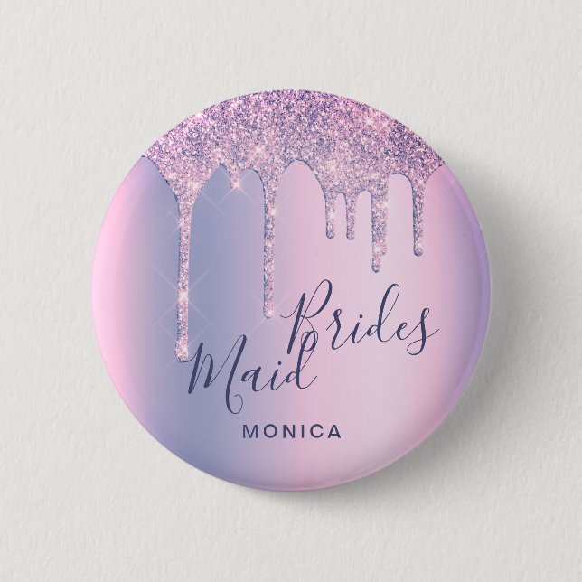 Holographic purple glitter drips bridesmaid button (Front)