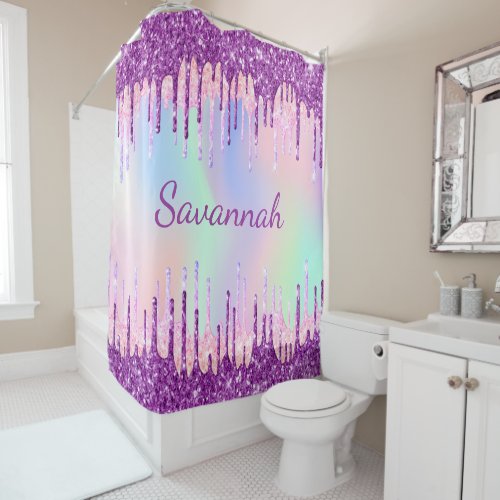 Holographic purple glitter drips pink monogram shower curtain