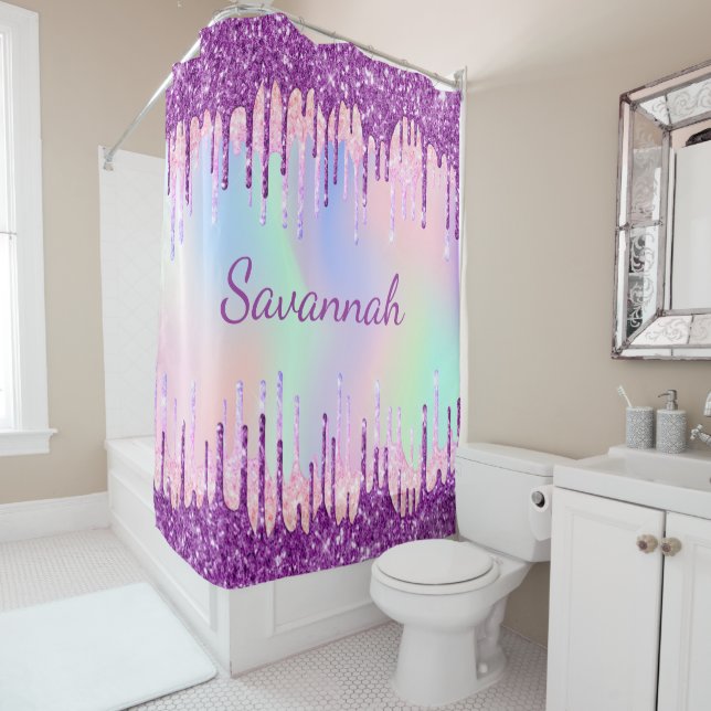 Holographic purple glitter drips pink monogram shower curtain (In Situ)