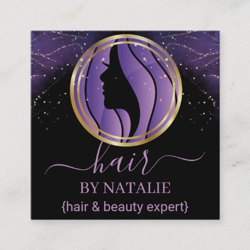 Holographic Purple Glitter Luxury Glam Hairstylist Square Business Card