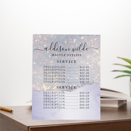 Custom Price Menus 17 Holographic Purple Glitter Luxury Glam Price List Foam Board